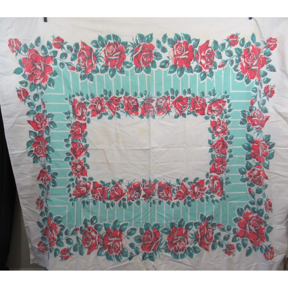 Vintage 40s 50s Rose Print Cotton Tablecloth 51x60 Rectangle Floral
